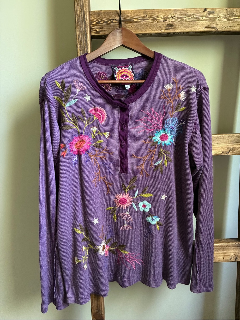 Johnny Was Ulla Henley Thermal Purple Embroidered Top L